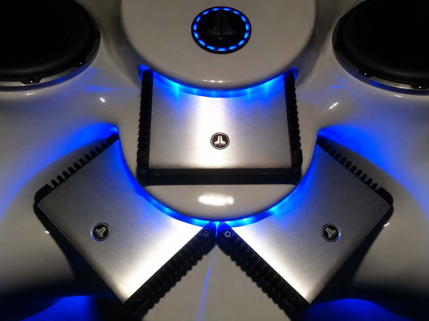 JL Audio marine amplifier setup with LED lighting