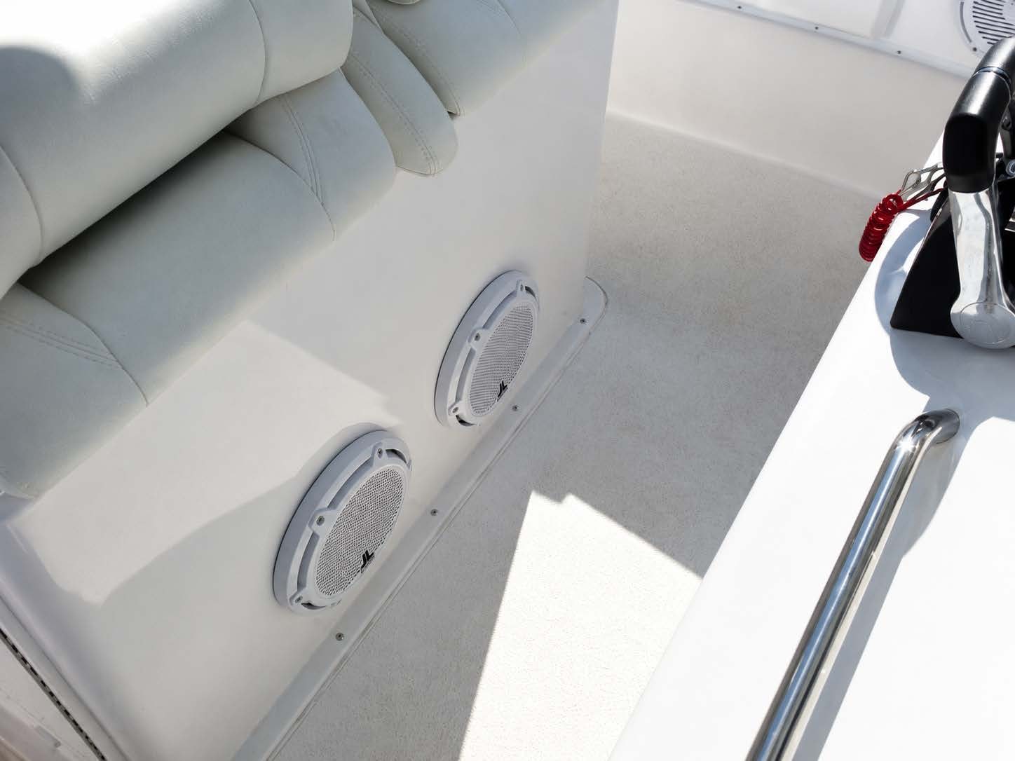 JL Audio speakers mounted in boat seating panel