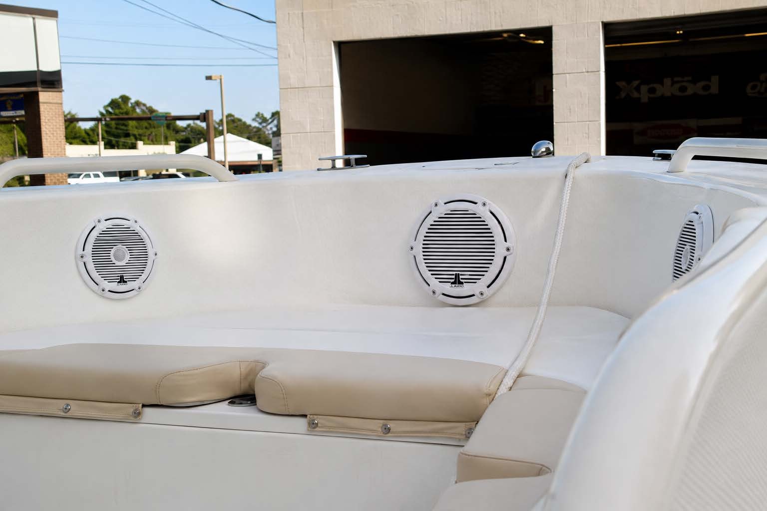 JL Audio marine speakers flush-mounted in boat gunwale